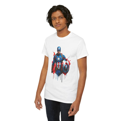 Model wearing the Captain America Graphic Tee, featuring a striking comic Illustration, embodying classic heroism and modern style.