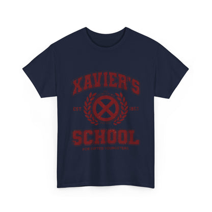 Front view of the Xavier's School for Gifted Youngsters X-Men logo graphic unisex tee shirt, featuring a classic print design.
