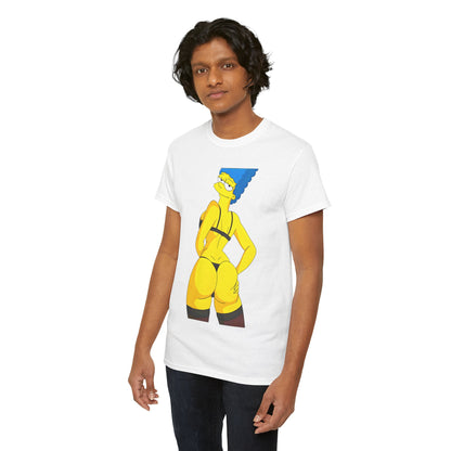Model wearing the Marge Simpson Curvaceous Charm Graphic Unisex Graphic Tee Shirt, highlighting the playful illustration and comfortable fit.
