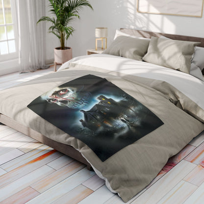 Decorative and Warm Halloween Spooky Arctic Fleece Blanket beautifully displayed on a bed, adding a touch of sophistication with its spooky artwork.