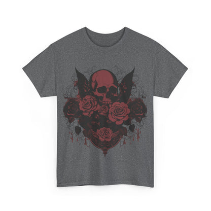Skulls and Roses Cotton Tee - Unisex graphic shirt featuring a striking steampunk-inspired design of a skull entwined with roses, perfect for bold fashion enthusiasts.
