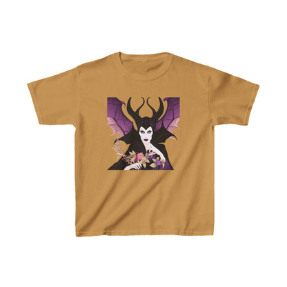 Maleficent Kids Tee in warm golden hue featuring an enchanting design of the iconic character, perfect for young Disney fans.