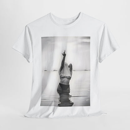 Middle Finger Girl Graphic T-Shirt showcasing a striking black and white design of a woman boldly raising her arm in calm waters, epitomising individuality and resilience. Perfect urban unisex cotton tee for effortless style.