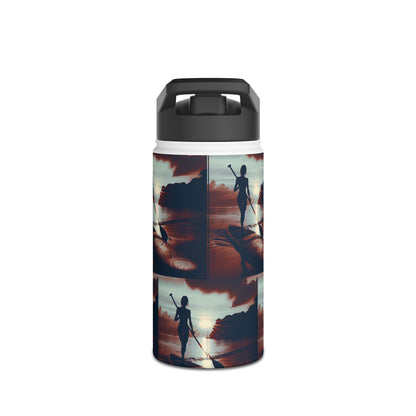 Fantasy Paddleboarding Stainless Steel Water Bottle featuring a unique sunset paddleboarding theme, blending aesthetics with functionality for elite water adventurers.