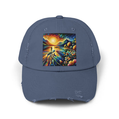 Unisex Distressed Paddleboarders Cap in navy, embellished with a colourful paddleboarding illustration, providing stylish sun protection for water lovers.