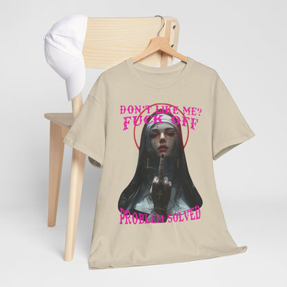 Refined men's graphic T-shirt artfully draped on a wooden chair, showcasing a rebellious nun illustration and bold phrases, perfect for luxury streetwear aficionados.