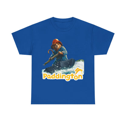 Premium Paddington Bear in Peru Graphic Unisex T-Shirt in vibrant blue featuring Paddington joyfully sailing through magical waters, a must-have for adventure enthusiasts.