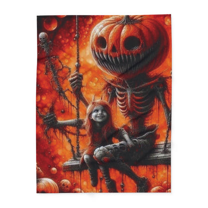 The Decorative and Warm Halloween Spooky Arctic Fleece Blanket elegantly displayed, highlighting the striking designs of Halloween characters on a vibrant orange background, a perfect accent for upscale Halloween festivities.