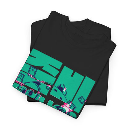 Luxurious black graphic t-shirt featuring a vibrant Squid Game-inspired design, showcasing bold typography in turquoise and pink, with a stylish layered presentation.