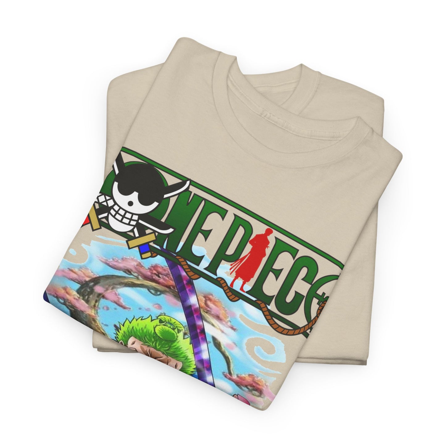 Luxurious Roronoa Zoro graphic T-shirt featuring an intricate design with vibrant colours, showcasing the character amidst beautiful floral elements, perfect for anime enthusiasts.