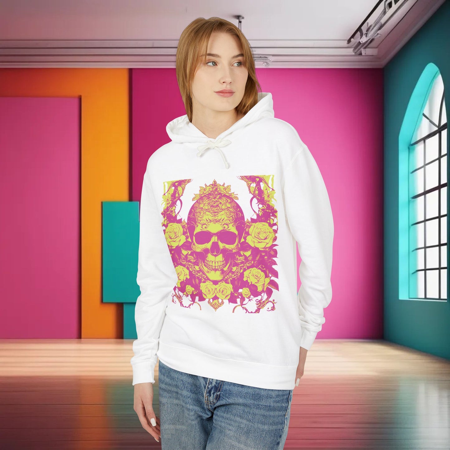 Unisex Lightweight Hooded Sweatshirt unique designer skull and roses