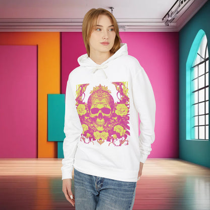 Unisex Lightweight Hooded Sweatshirt in white, adorned with a unique designer skull and roses design, displayed on a model in a vibrant interior.
