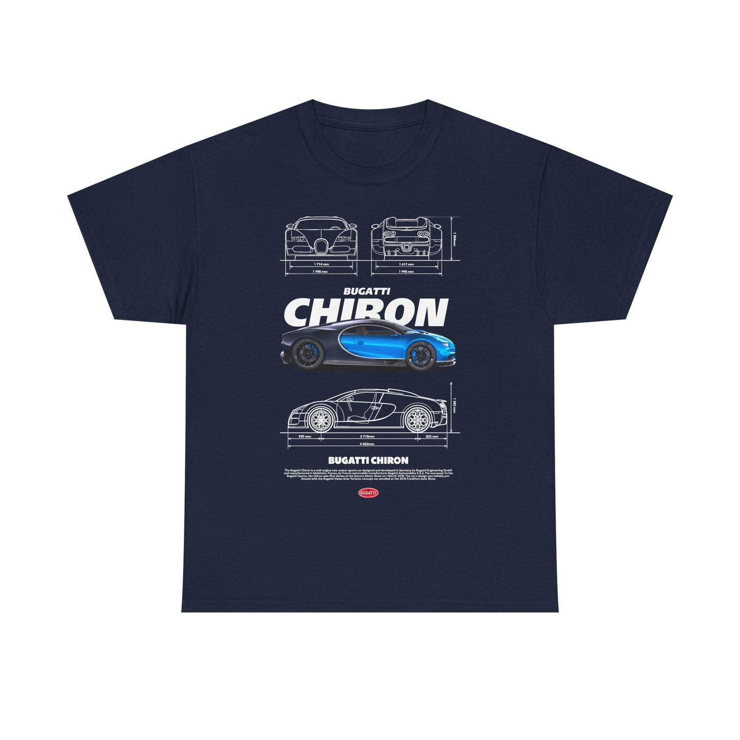 Men's navy blue t-shirt displaying an exquisite Bugatti Chiron graphic, highlighting the car's elegance and engineering excellence.