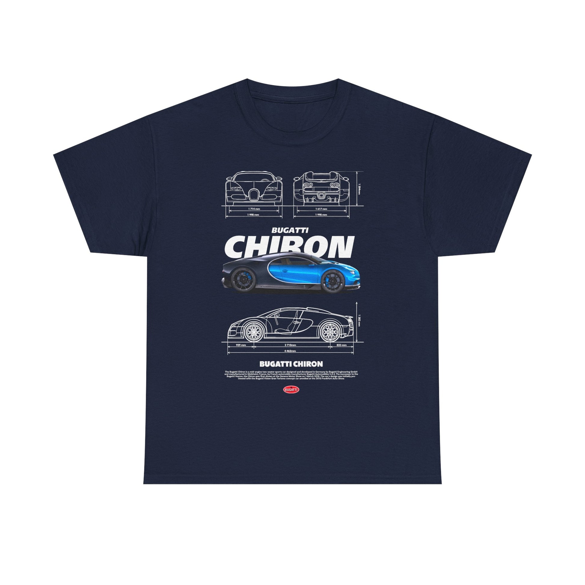 Men's navy blue t-shirt displaying an exquisite Bugatti Chiron graphic, highlighting the car's elegance and engineering excellence.