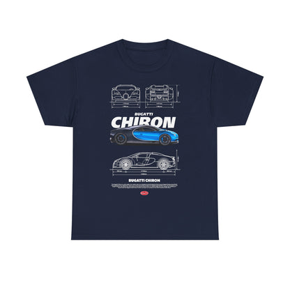 Men's navy blue t-shirt displaying an exquisite Bugatti Chiron graphic, highlighting the car's elegance and engineering excellence.