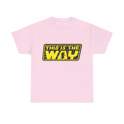 Mandalorian Star Wars This is the Way Logo Graphic Unisex Tee Shirt in pink, featuring a chic yellow logo with a silhouette, ideal for fans seeking luxury in casual wear.