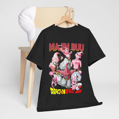 Fashionable black t-shirt draped over a wooden chair alongside a white cap, prominently featuring Majin Buu artwork, ideal for anime enthusiasts.