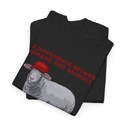 Elegant folded black t-shirts showcasing a quirky cartoon sheep adorned with a red hat, featuring the text 'The difference between humans and animals' prominently printed.