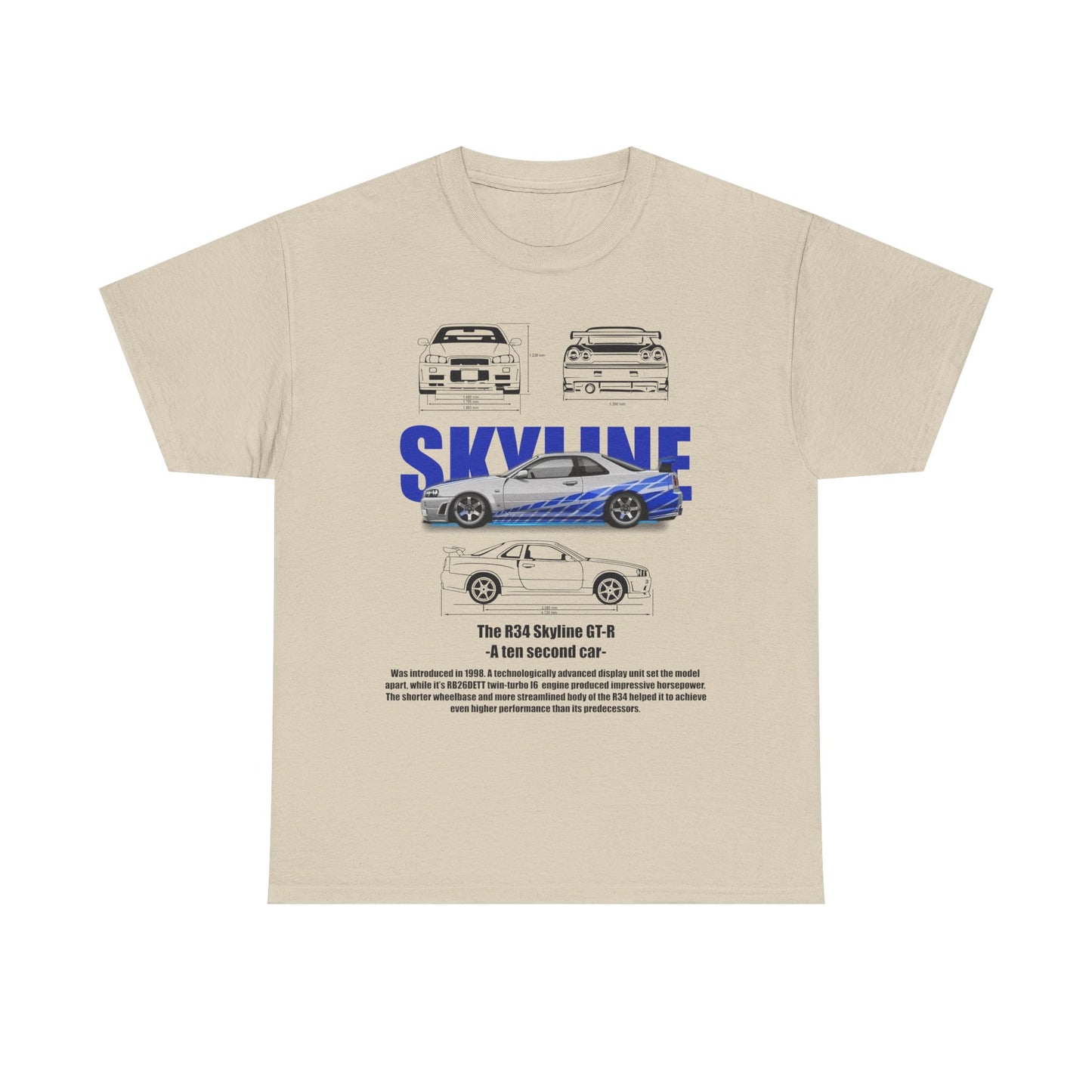 Men's R34 Skyline GT-R T-shirt in beige, featuring detailed graphics of the iconic car with blue racing stripes and bold 'SKYLINE' text, ideal for automotive enthusiasts who appreciate luxury and performance.