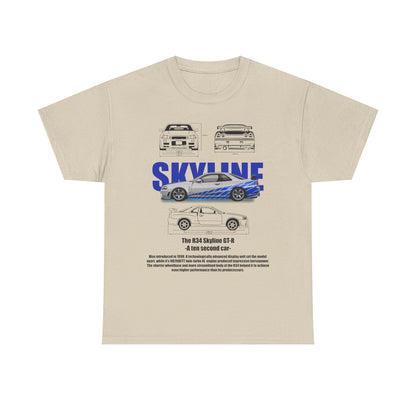Men's R34 Skyline GT-R T-shirt in beige, featuring detailed graphics of the iconic car with blue racing stripes and bold 'SKYLINE' text, ideal for automotive enthusiasts who appreciate luxury and performance.