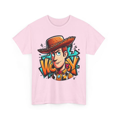 Woody Graffiti Style Unisex Graphic Tee - Vibrant Urban Art Inspired by Toy Story, displaying an artistic front view with Woody's character and vibrant graffiti elements.