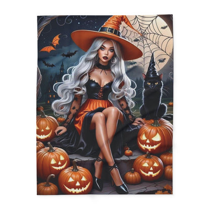 Luxury Decorative and Warm Halloween Spooky Arctic Fleece Blanket featuring a stylish witch with long silver hair, surrounded by carved pumpkins and a black cat, ideal for adding festive charm to your home.