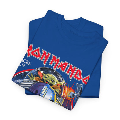 Folded blue Iron Mando graphic tee showcasing intricate design elements and luxurious fabric, appealing to Star Wars enthusiasts seeking stylish apparel.