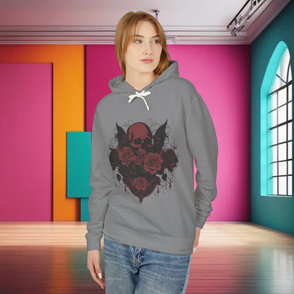 Unisex Lightweight Hooded Sweatshirt with unique designer skull and roses graphic, model elegantly wearing the hoodie in a colourful interior.