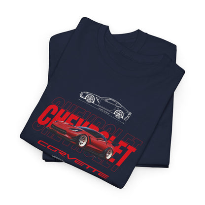 Folded luxurious navy blue men's T-shirts featuring bold Chevrolet Corvette graphics, representing modern automotive chic.