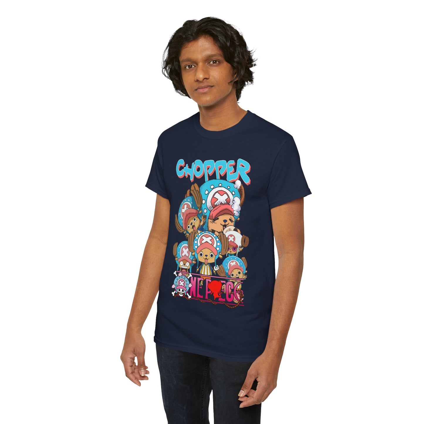 Trendy navy blue t-shirt adorned with whimsical Chopper graphics, modelled by a young man to showcase versatile anime-inspired fashion.