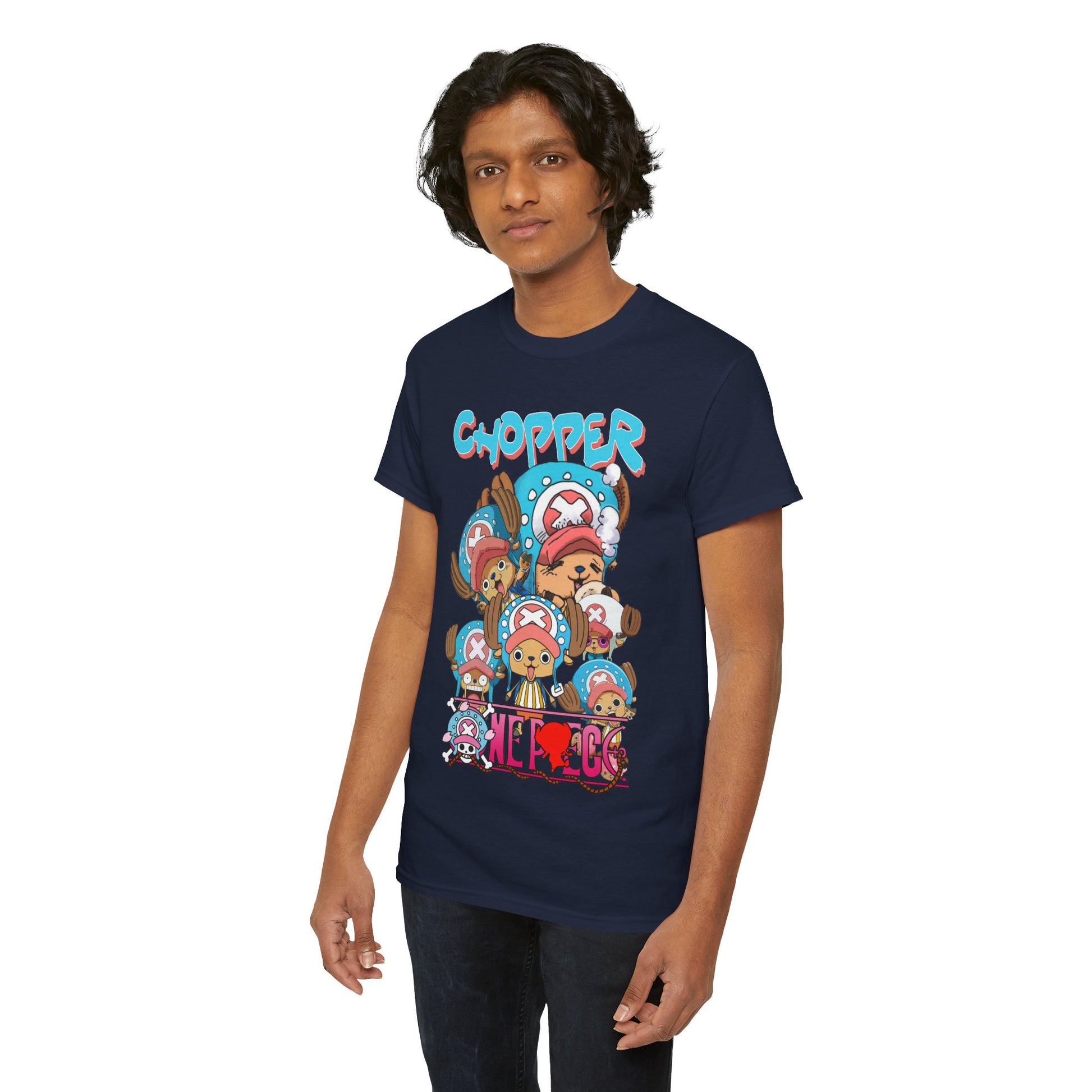 Trendy navy blue t-shirt adorned with whimsical Chopper graphics, modelled by a young man to showcase versatile anime-inspired fashion.
