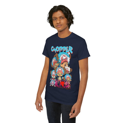 Trendy navy blue t-shirt adorned with whimsical Chopper graphics, modelled by a young man to showcase versatile anime-inspired fashion.
