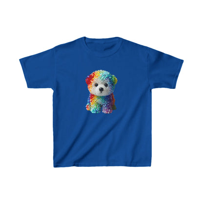Luxurious unisex kids beaded dog cotton T-shirt tee in blue, showcasing a stunning rainbow beaded dog motif.
