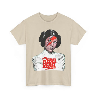 Star Wars Princess Leia Funny Men's Women's Graphic T-Shirt with vibrant graphic featuring Princess Leia in a stylised pose, captioned 'REBEL REBEL', perfect for fans and fashion enthusiasts.