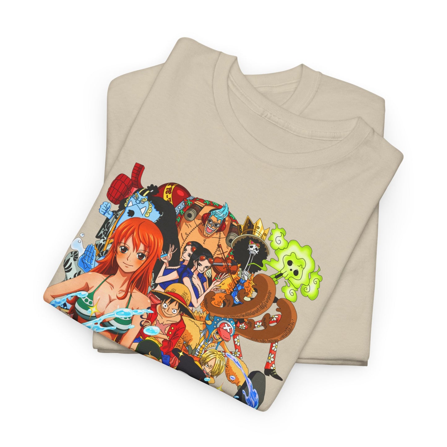 Folded men's t-shirts showcasing the striking Nami graphic and vibrant companion characters from One Piece, embodying luxury and anime passion.