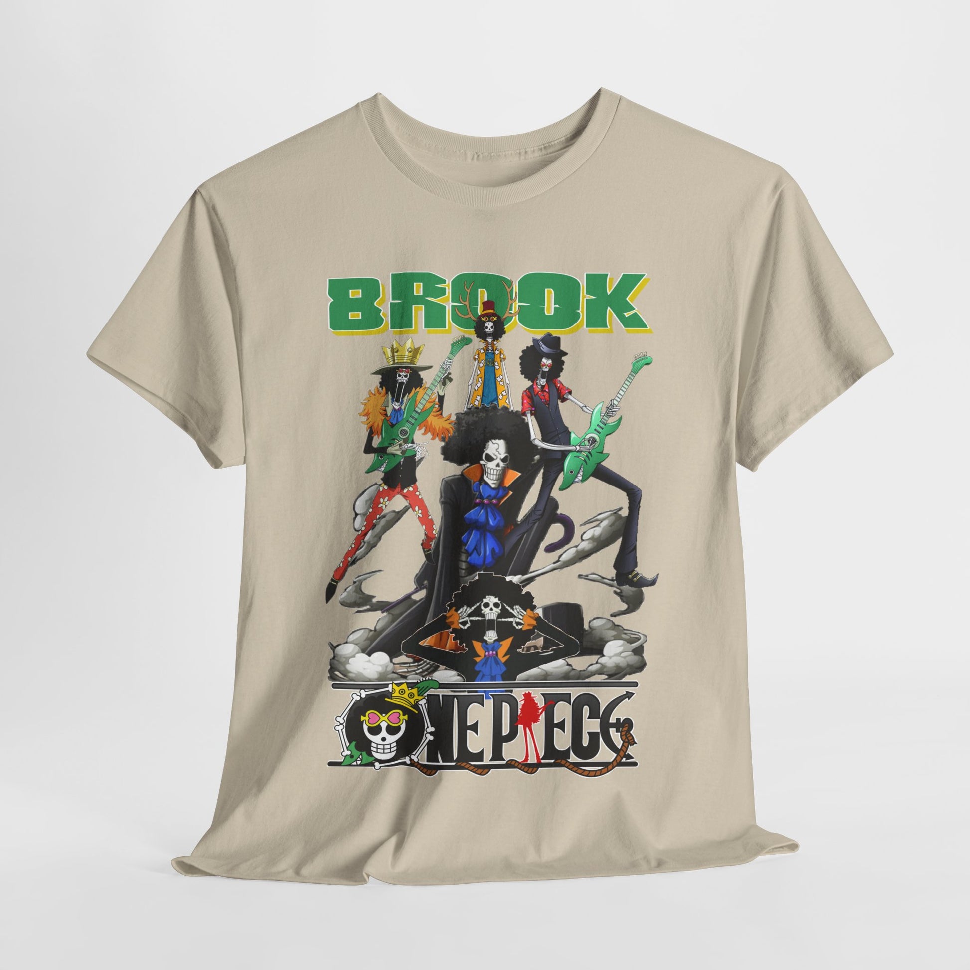 Chic beige t-shirt presenting Brook and crew graphic, set against a minimalistic background, combining fashion and fandom.
