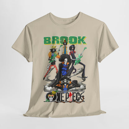 Chic beige t-shirt presenting Brook and crew graphic, set against a minimalistic background, combining fashion and fandom.