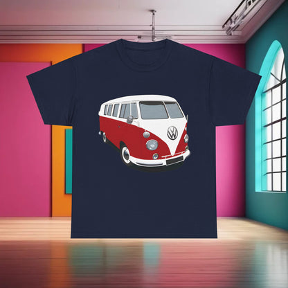 VW Camper Van Graphic T-Shirt Urban Unisex Cotton Tee in navy displaying a classic red and white Volkswagen Bus graphic, embodying a sense of nostalgia and adventure.