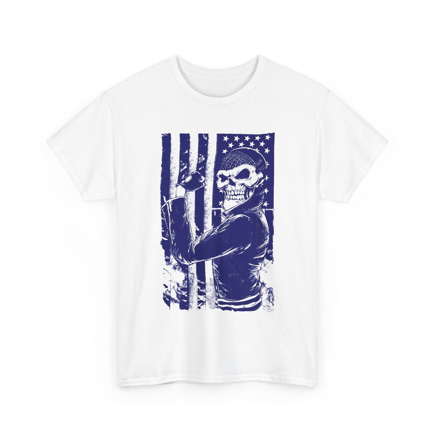 Elegant white men's t-shirt displaying a striking biker skull graphic with an American flag motif, designed for those who embrace freedom and rebellion.