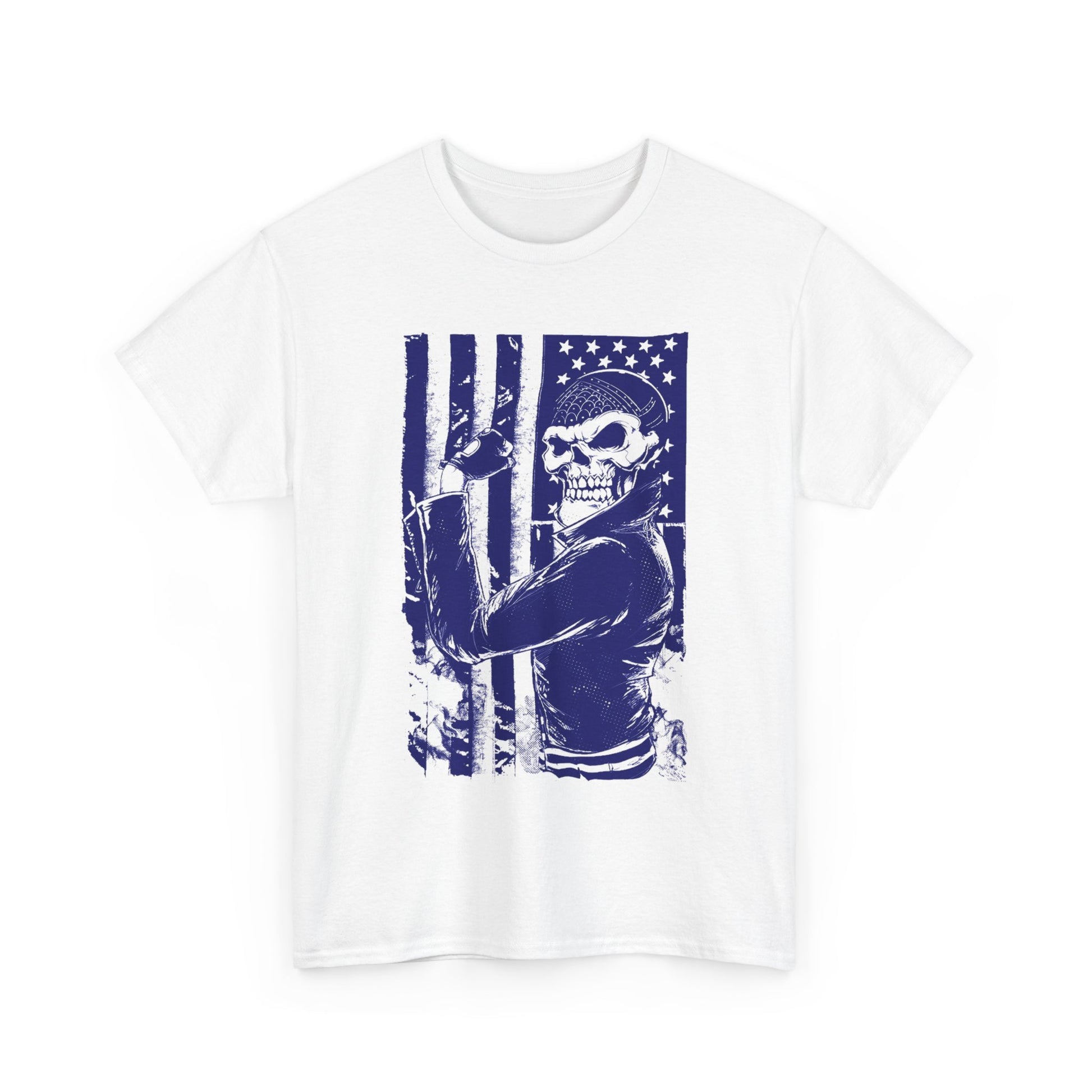 Elegant white men's t-shirt displaying a striking biker skull graphic with an American flag motif, designed for those who embrace freedom and rebellion.