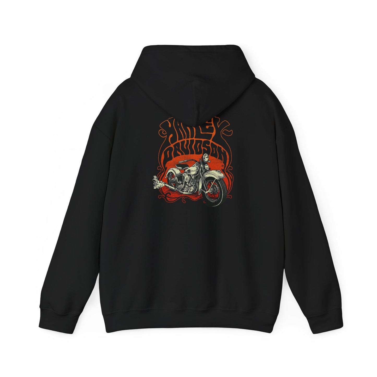 Sleek black hoodie featuring a bold vintage Harley Davidson motorcycle graphic on the back, embodying the spirit of adventure.