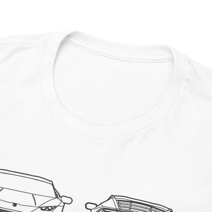 Close-up of the neckline of a luxury unisex T-shirt design featuring Lamborghini Huracán technical drawing, highlighting quality craftsmanship.