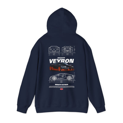 Elegant navy hoodie with a detailed Bugatti Veyron design printed on the back, exemplifying modern automotive fashion.