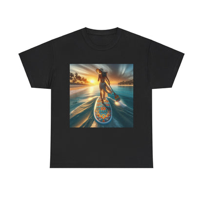 Luxury Paddle Board T-Shirt designed by Dazzling Dreams Studio, showcasing a stunning paddleboarding scene, perfect for outdoor enthusiasts.