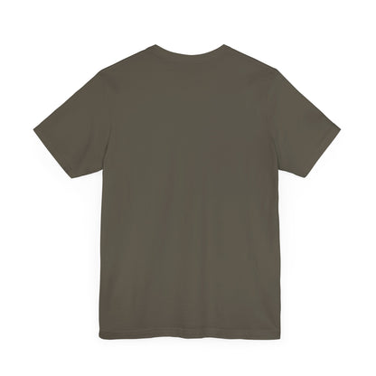 The back view of a high-quality unisex short sleeve tee, designed in a luxurious olive green fabric, complementing the front's vibrant lipstick print, inspired by Sabrina Carpenter.
