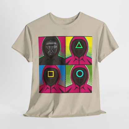 Luxury Squid Game Pop Art Unisex T-Shirt featuring iconic masked guards in vibrant comic-style grid design with geometric patterns