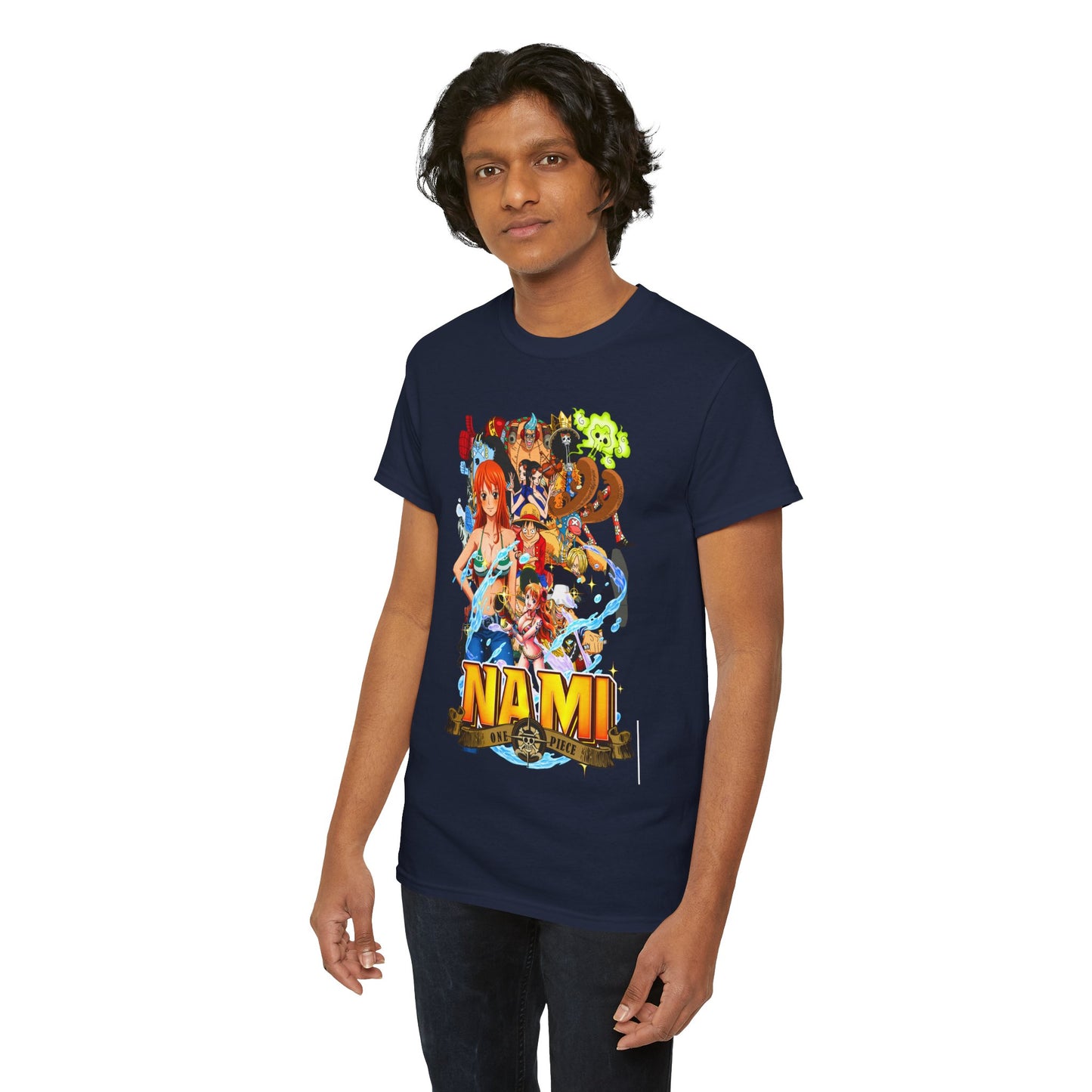 Luxury men's navy t-shirt showcasing a vibrant Nami graphic from One Piece, designed for anime enthusiasts. Features Nami in a stylish teal bikini top surrounded by dynamic imagery representing adventure.