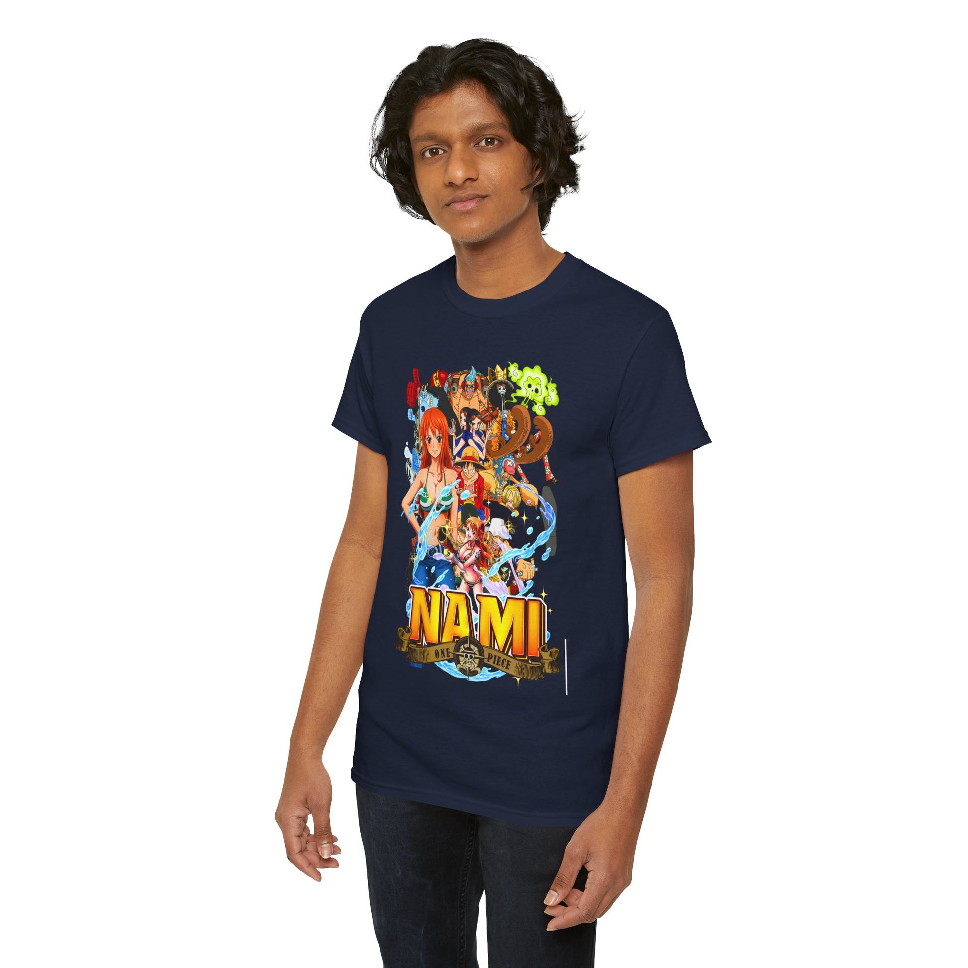 Luxury men's navy t-shirt showcasing a vibrant Nami graphic from One Piece, designed for anime enthusiasts. Features Nami in a stylish teal bikini top surrounded by dynamic imagery representing adventure.
