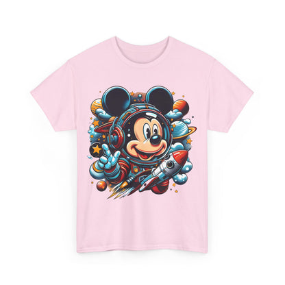 Elegant 'Blast Off with Mickey Astronaut Graphic Unisex Graphic Tee Shirt' featuring Mickey Mouse in a vibrant astronaut suit, surrounded by colourful planets and a dynamic rocket ship design on a soft pink background.