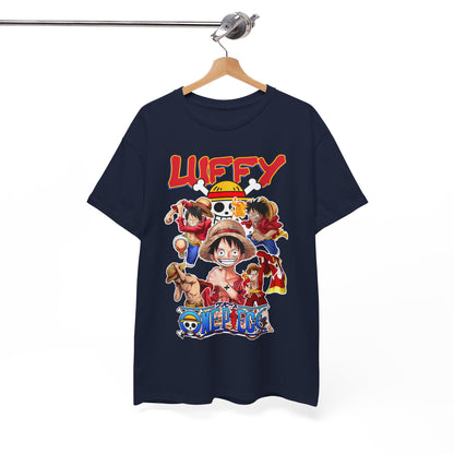 Sophisticated navy T-shirt elegantly displayed on a hanger, adorned with a captivating anime design, perfect for those who appreciate quality and style in their wardrobe.